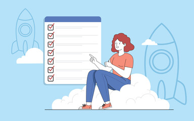 Flat illustration of woman with checklist and rocket for goal achievement