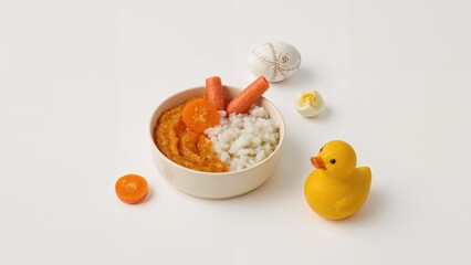 Healthy baby breakfast with rice porridge and carrot alongside duck toy decoration in flat lay style on white background