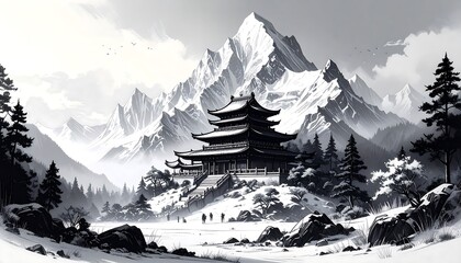 Snowy mountain landscape with temple