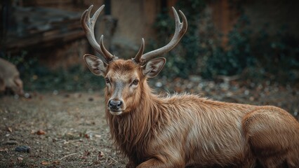 Resting male deer with antlers, covered in fur, in a controlled environment