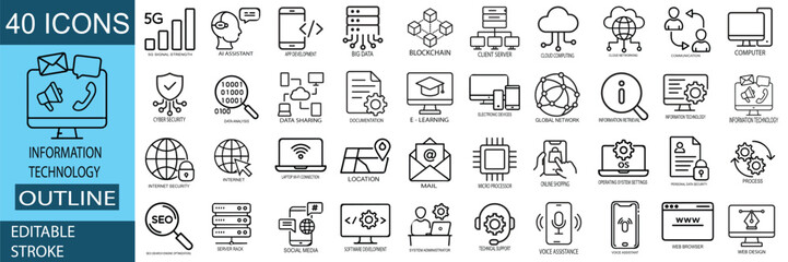 Information Technology line editable icon set. Containing cloud computing, big data, data analytics, mobile data, internet, network security and more.