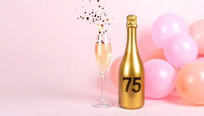 Champagne bottle and glass with number 75. Festive photo for birthday or anniversary party