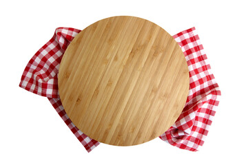 Round Pizza Board with Red Checked Tablecloth on White Background. Cooking or Baking Mock Up for Design.