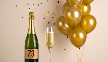 Champagne bottle and glass with number 73. Festive photo for birthday or anniversary party