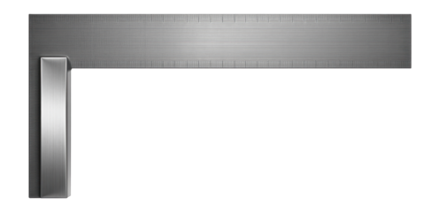 Framing square with a long steel blade and rafter tables for use on a building site.