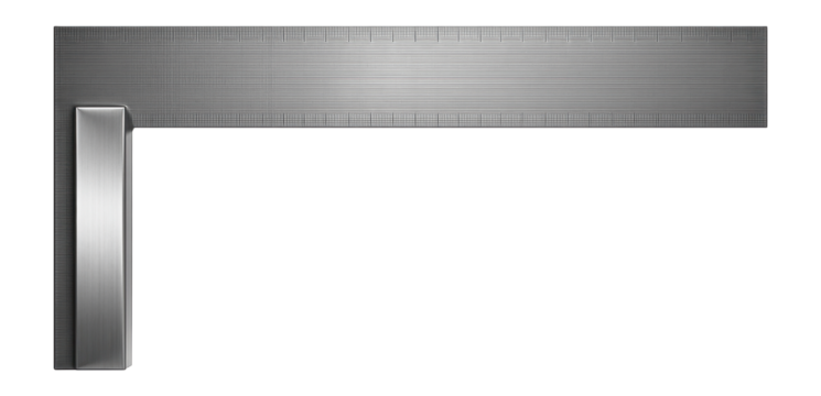 Framing square with a long steel blade and rafter tables for use on a building site.