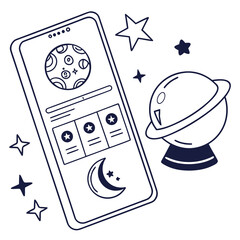 Hand drawn outline of a smartphone displaying a moon and stars with celestial elements and a planet