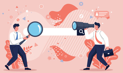 Flat illustration of businessmen searching with magnifying glass and telescope in abstract background