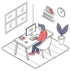 Man working at a desk with a computer in a modern room with a window and plant