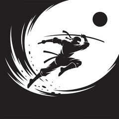 Black Silhouette of Ninja Leaping Forward with Weapon Isolated on White Background