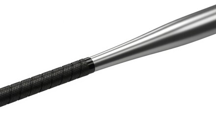 Close up of a metal baseball bat with black grip isolated on white background