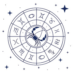 Stylized zodiac wheel with the scorpio symbol at its center surrounded by stars and constellations