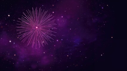 Abstract fireworks display with purple and violet hues, featuring star-shaped pyrotechnics against a smoky night sky. Festive and celebratory card design with space for text.