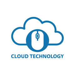 Blue cloud icon with computer mouse and text cloud technology data