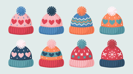 Vector illustration set of cozy winter beanies with heart and snowflake patterns. A colorful collection of warm pom-pom hats for the cold season.