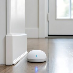 Small white smart home sensor discreetly placed on a wooden floor near a doorway
