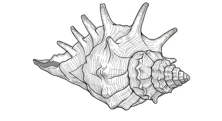 Fototapeta premium Detailed pen and ink drawing of a stunning seashell isolated against a clean white background, perfect for design projects and nature themes