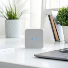 Modern smart home device on a clean white desk next to a laptop and plants