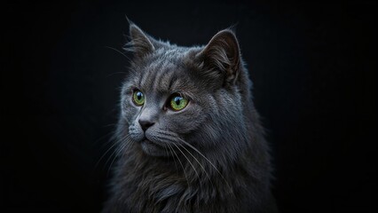 Fototapeta premium Beautiful gray cat adoption portrait set on a black background