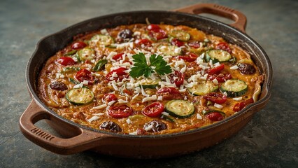 Vegetable frittata with zucchini, tomatoes, bell peppers, and red onions baked in a rustic cast iron skillet. Vertical photograph