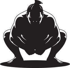 Black Silhouette of Sumo Wrestler Crouched for Match Isolated on White Background