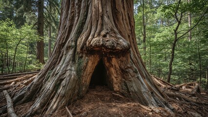 Mature tree in a wooded area surrounded by fallen natural wood and a notch carved for timber extraction
