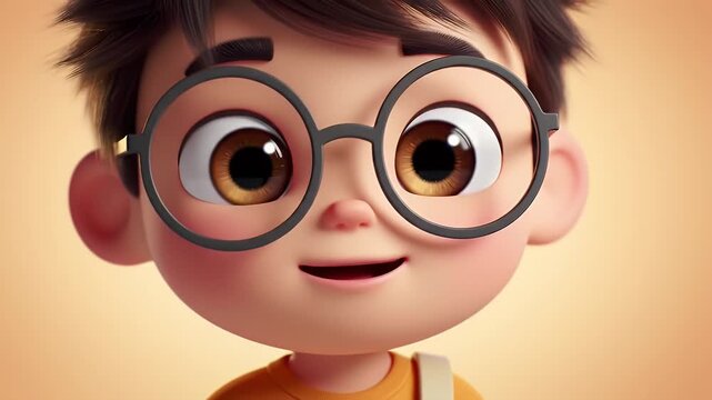 Cartoon Boy with Glasses Smiling with Short Hair Against a Plain Background