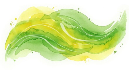 Abstract watercolor green and yellow wavy pattern, isolated on white background