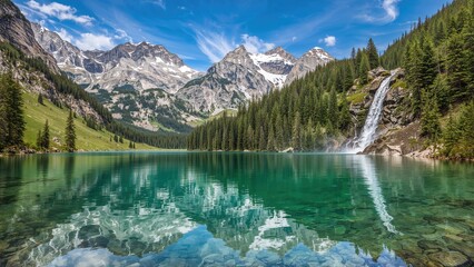 Natural mountain scenery with a vivid turquoise lake and a beautiful waterfall in a nature conservation area.