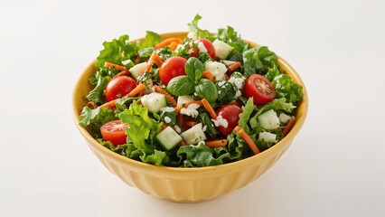 Colorful fresh veggies tossed in a bright yellow dish. Representing wholesome food ideas.