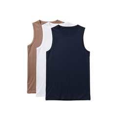 Three varied sleeveless shirts presented for fashion and apparel showcasing in studio shot