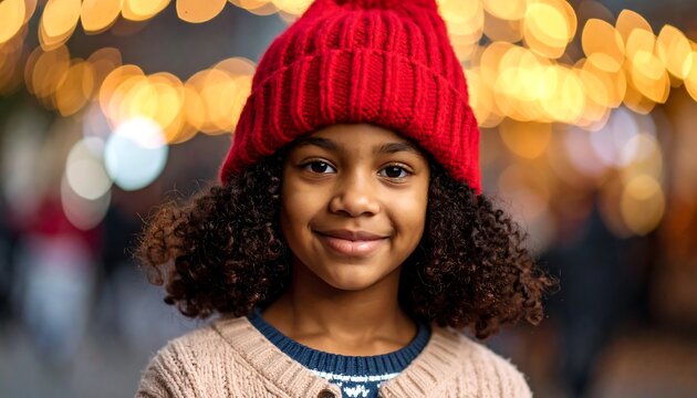 A smiling girl with curly hair wears a red knit hat against a bokeh background of warm lights
