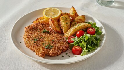 Classic crispy schnitzel accompanied by herb-infused potatoes