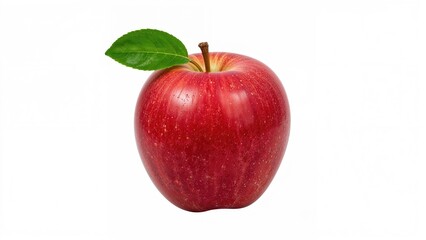 Isolated red apple accompanied by green foliage on white surface. Clipping path included.
