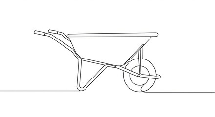 Simple line art drawing of a wheelbarrow for gardening or construction projects, clean and modern for creative designs and minimalist concepts, single continuous line