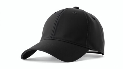 Fototapeta premium Sleek black baseball cap mockup isolated on a white background. Blank sports hat template perfect for branding and design presentation.