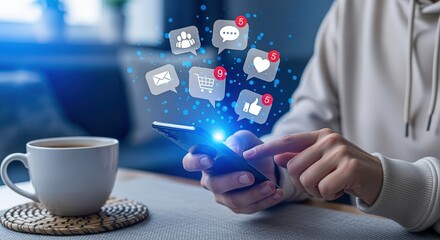 Woman Using Smartphone with Social Media Notification Icons Overlays for Modern Communication and Digital Lifestyle
