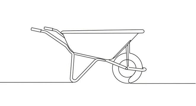 Simple line art drawing of a wheelbarrow for gardening or construction projects, clean and modern for creative designs and minimalist concepts, single continuous line