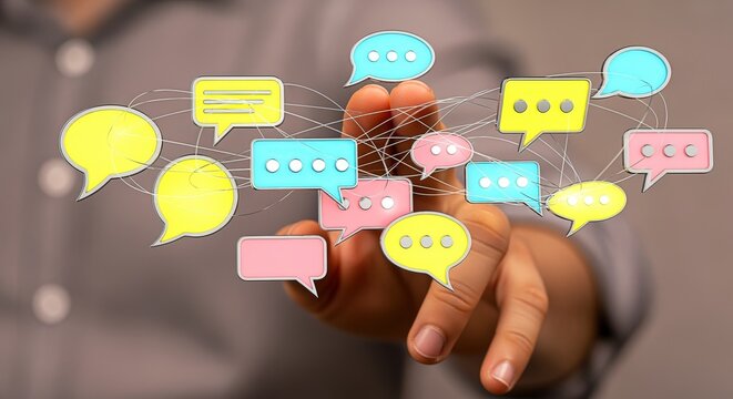 Networking Illustration with Colorful Chat Bubbles and a Pointing Hand Representing Communication in Business