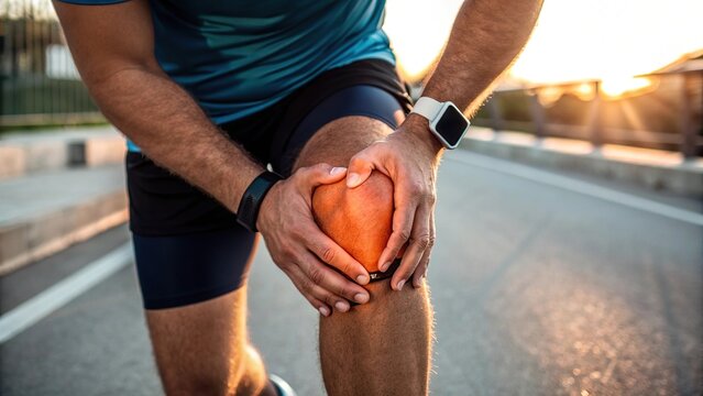 Runner Gripping Knee in Pain After Exercise on Asphalt Road