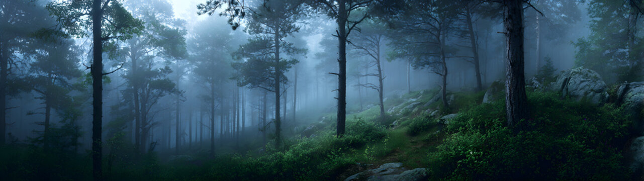 misty forest panorama in immersive ultrawide composition