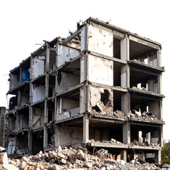 A partially demolished multi-story concrete building against a white background