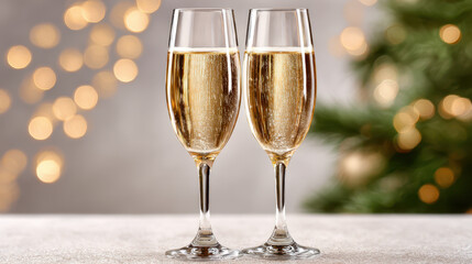 Two champagne glasses touching rims with sparkling wine and festive bokeh lights in background