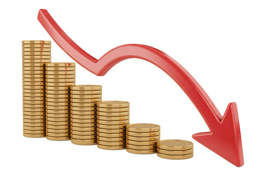Decreasing financial graph with coins and red arrow