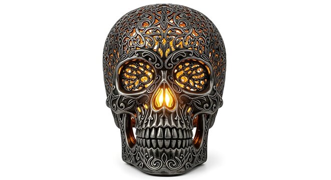 Intricately carved metallic skull lantern casting warm glowing light, evoking gothic and mystical vibes, perfect for Halloween or unique decor
