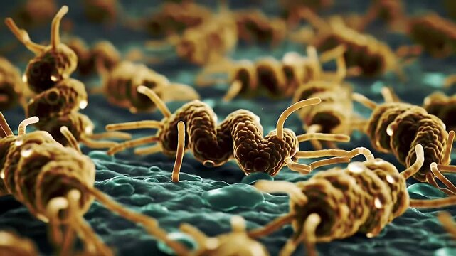 Detailed Microscopic View of Spiral Bacteria Cells in Brown Color and Blue Background