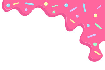 Sweet Pink Dripping Icing with Colorful Sprinkles. Abstract Dessert Background. Vector Illustration