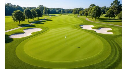 Obraz premium Aerial view of a beautiful golf course on a sunny day