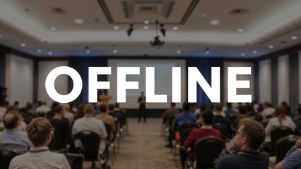 Virtual Gathering Text on Blurry Background of Empty Seminar Space, End of In-Person Meetings, Digital Streaming and TV Broadcasts Become Standard, Pandemic Impact