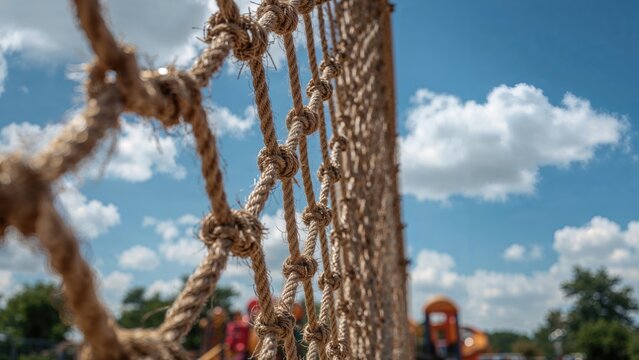 Playground Rope Net Against a Clear Blue Sky with Focused Detail